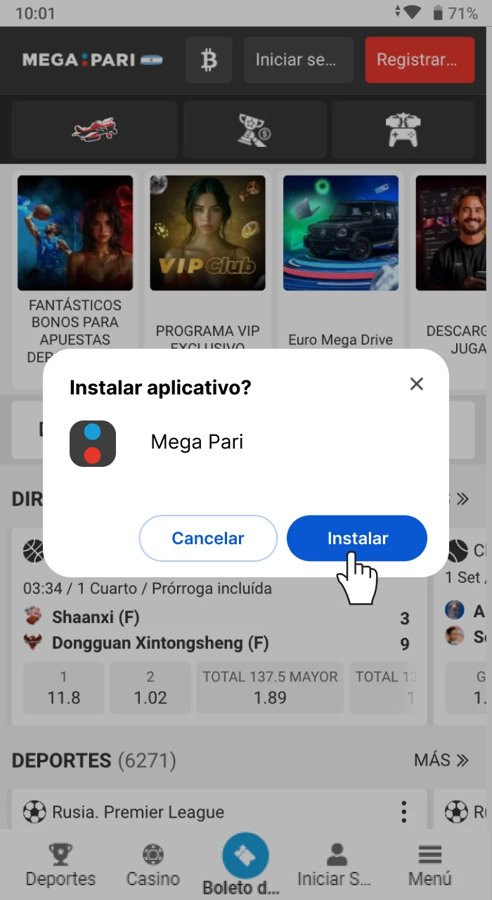Haz clic en el comando de instalación para que el acceso directo de Megapari aparezca en tu smartphone.