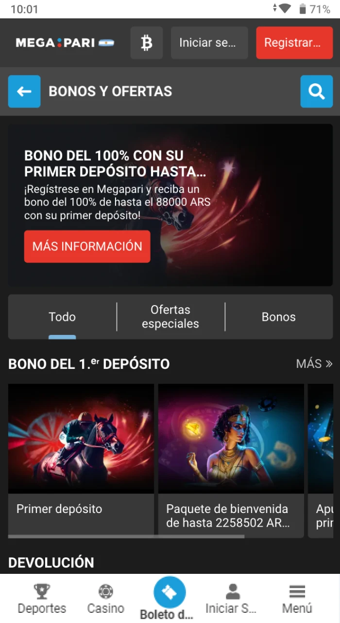 Detalles de la sección dedicada a los bonos y promociones