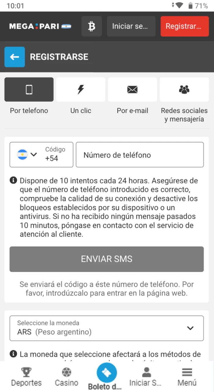 Cómo luce el proceso de registro en la app de Megapari