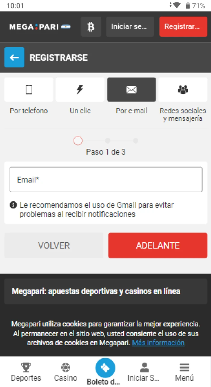 Una vez seleccionado el método de alta, es necesario completar el formulario de inscripción en el sitio.