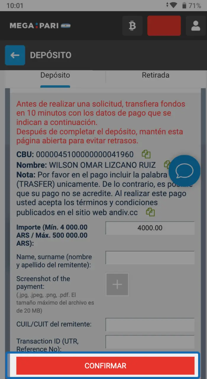 Finaliza el proceso de recarga de fondos en tu cuenta.