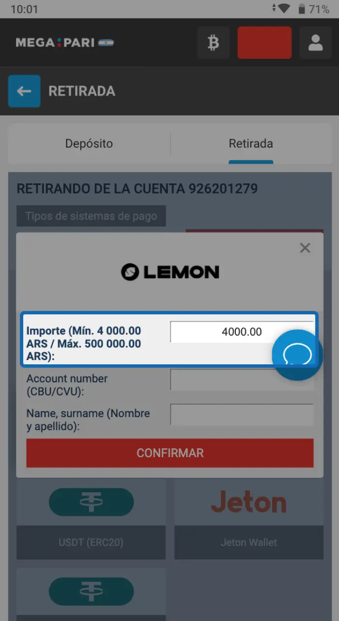 Indica la cifra que deseas transferir desde tu saldo de Megapari a tu cuenta personal.