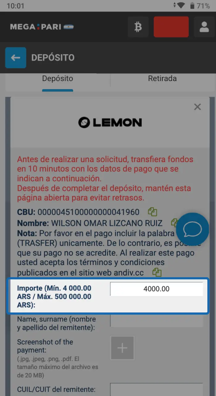 Escribe el monto exacto que deseas acreditar en tu saldo de Megapari.