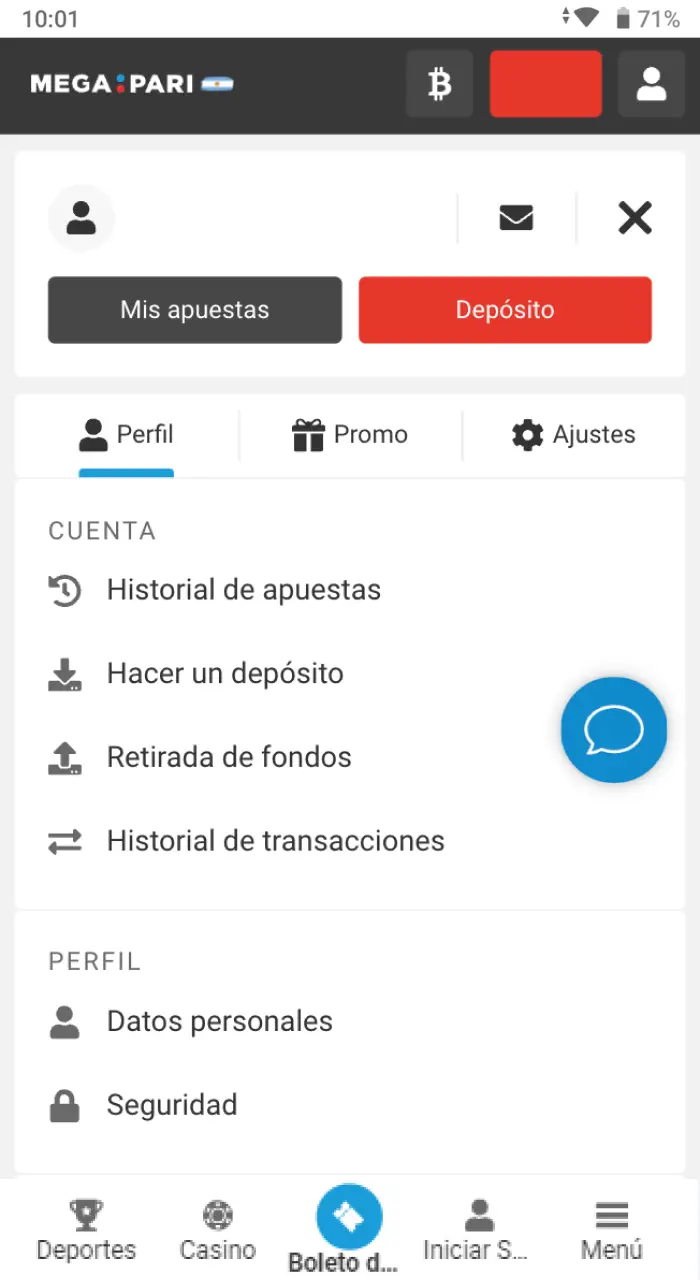 Entra en el apartado de configuración de tu cuenta Megapari y elige la función de depósito.