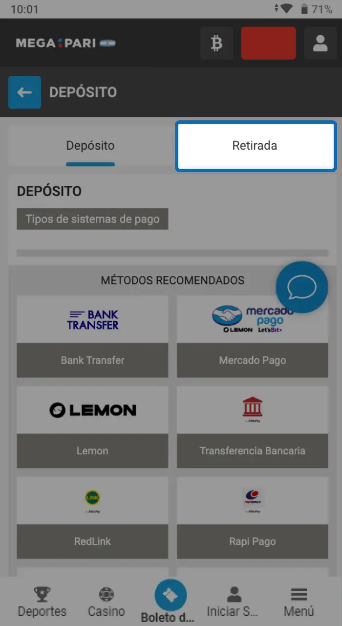 Navega hasta el área de retiros de la plataforma.
