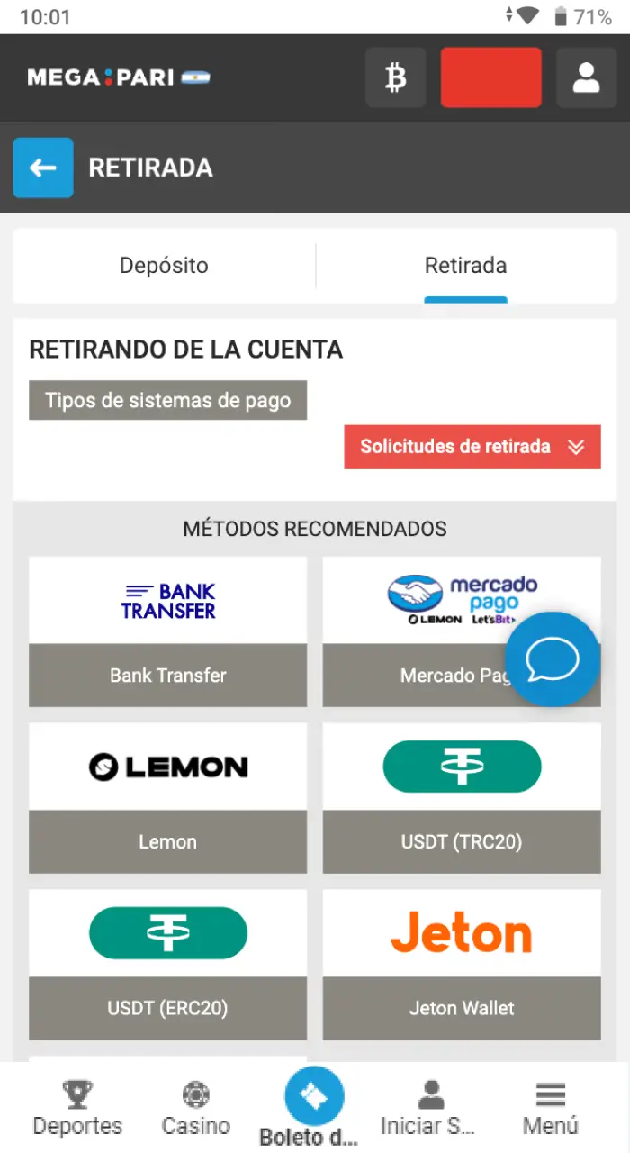 Selecciona la vía de retiro que prefieras utilizar en Megapari.