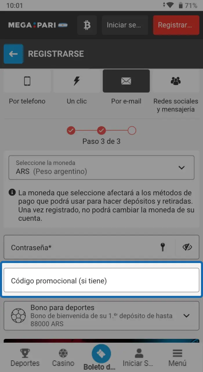 No olvides aplicar el código promocional para aprovechar los bonos disponibles en Megapari.